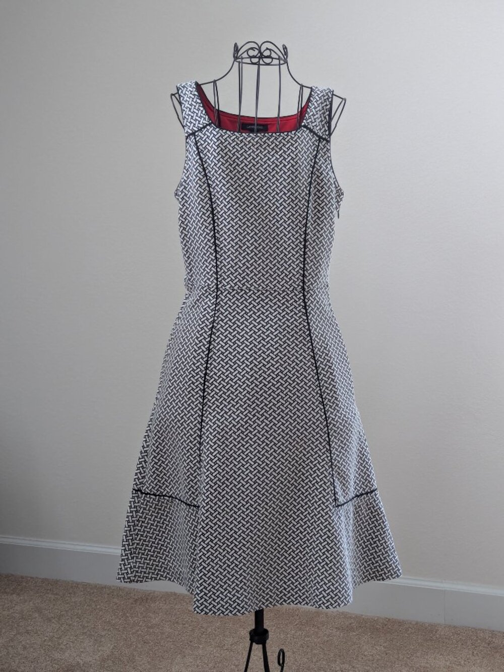 Lands' End Black White Geometric Fit & Flare Dress 6 Tall